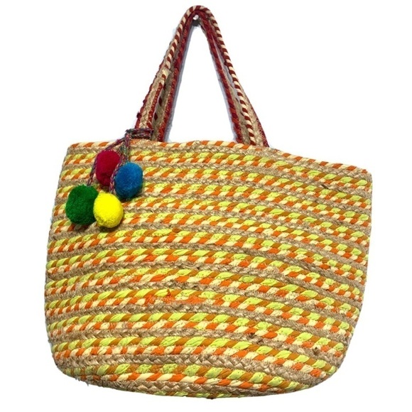 America & Beyond Tote Hand Woven Large Jute Beach Resort Bag Tan, Orange, Yellow - Picture 1 of 8